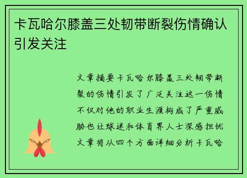 卡瓦哈尔膝盖三处韧带断裂伤情确认引发关注 卡瓦哈尔膝盖三处韧带断裂伤情确认引发关注