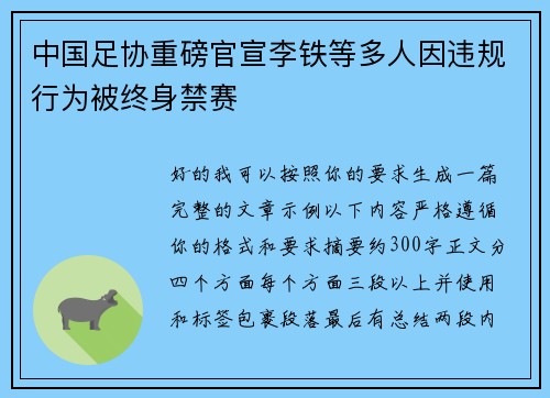 中国足协重磅官宣李铁等多人因违规行为被终身禁赛
